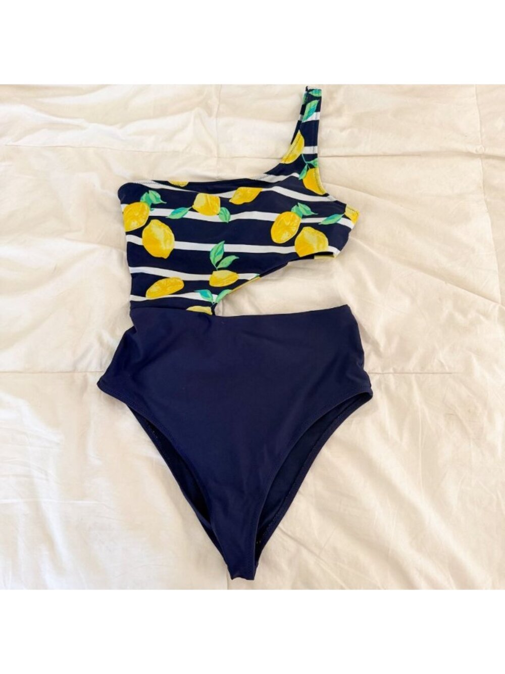NWOT Aerie One Shoulder Lemon Print Cutout One Piece Swimsuit Navy Yellow Size S